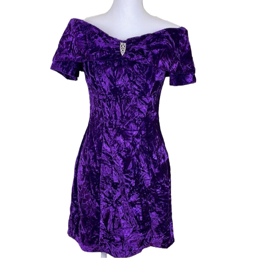Vintage Crushed Velvet Off the Shoulder Dress 90s